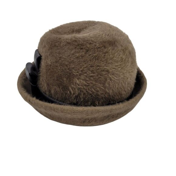60's Mr. John Sophisticate Mystere Brown Fuzzy Cloche Hat Faux Leather Bow - Picture 5 of 15